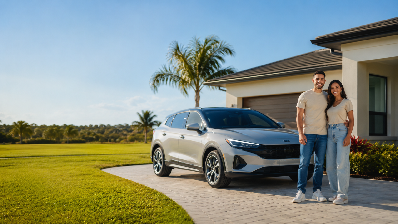 Couple standing by their new car